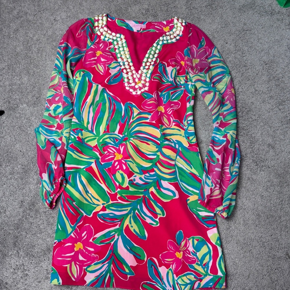 Lilly Pulitzer Women's 2 Saemus Pomegrante Jungle Beaded Dress 100% Silk